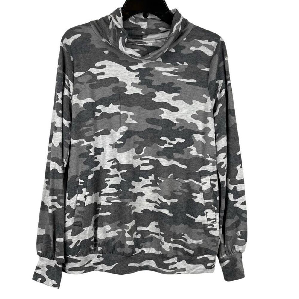 New Directions Gray Camouflage Cowl Neck Sweatshirt Large